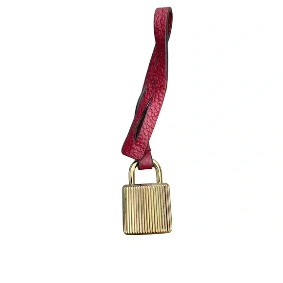 MICHAEL KORS Gold Tone Lock Red Pebbled Leather Strap Fob Bag Charm Hang Tag - Picture 6 of 7